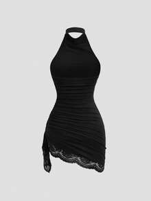 Sweetra New Summer Lace Patchwork Asymmetric Hem Drawstring Tie Design Cowl Neck Backless Elegant Commuter Fashion Mini Dress - Black - View 2