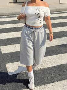 Muchica Plus Size Women's Drawstring Waist Casual Soft Baggy Versatile Daily Wear Capri Length Pants Gray Summer Gym Formal - Light Grey - View 5