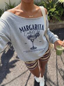 Veykashi Women's Navy Yellow Loose Off-Shoulder Casual 90s Long Sleeve Sweatshirt - Vacation Cocktail Pattern, Vintage Casual Style, Perfect For Holiday Winter - Light Grey - View 1
