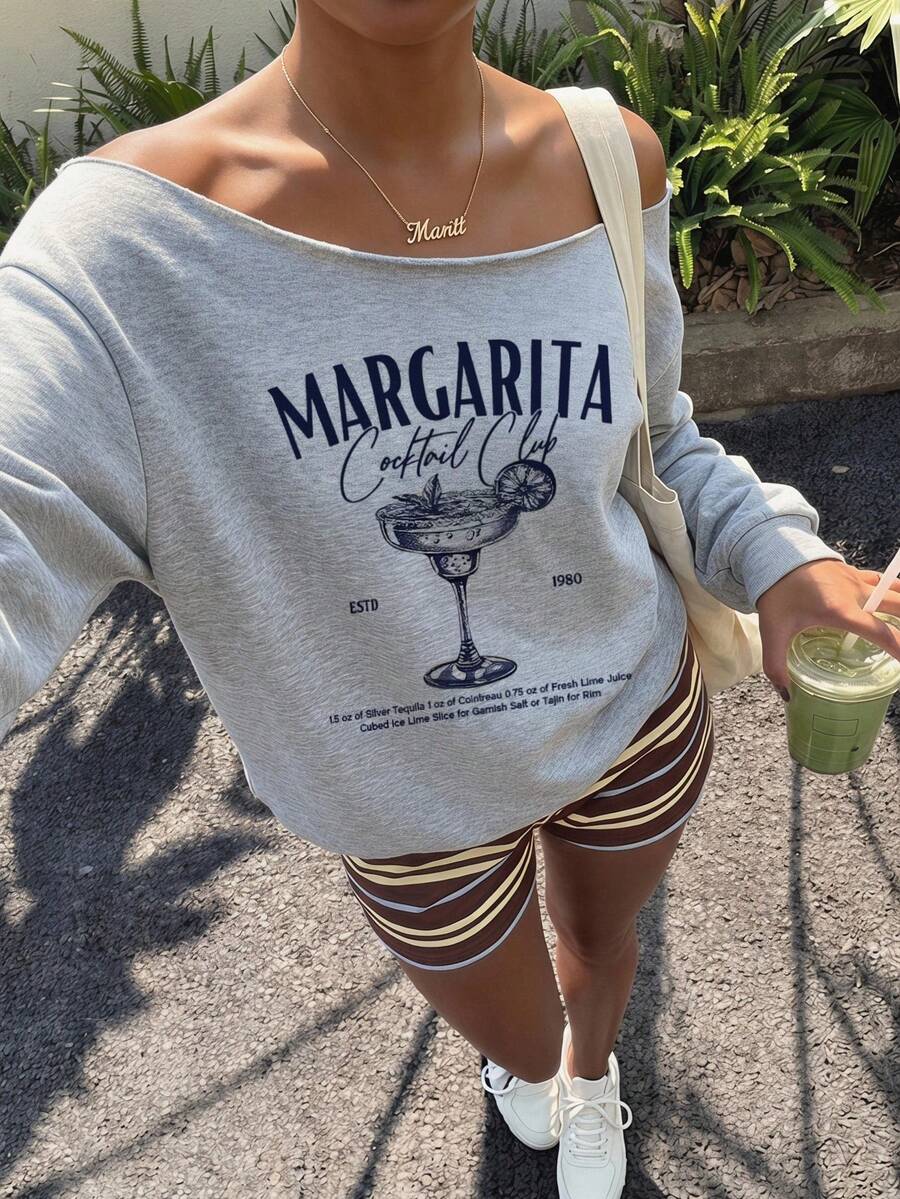 Veykashi Women's Navy Yellow Loose Off-Shoulder Casual 90s Long Sleeve Sweatshirt - Vacation Cocktail Pattern, Vintage Casual Style, Perfect For Holiday Winter - Light Grey - View 1