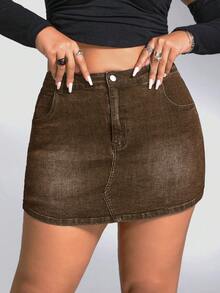 SHEIN ICON Plus Size Women's Pocket Button Casual Versatile Daily Travel Denim Skort - Brown - View 7