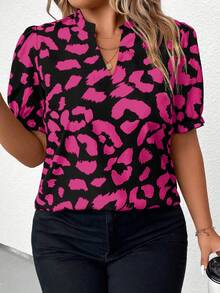 SHEIN Plus Size Notch V-Neck Random Print Puff Sleeve Short Sleeve Blouse - Multicolor - View 4