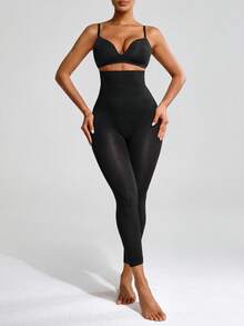 SHAPORA Solid Color High Waisted Tummy Control Pants - Black - View 2