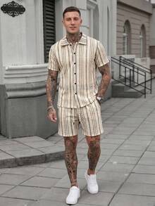 Manfinity CasualCool 男士條紋拼色單排扣短袖襯衫與短褲休閒日常套裝，適合儀式場合 - 米色 - View 5