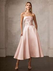 MOTF PREMIUM ELEGANT STRAPLESS ANKLE-LENGTH A-LINE SATIN PARTY DRESS WITH FLORAL RHINESTONE, CINCHED WAIST, CRISSCROSS BACK STRAPS – ELEGANT LUXURIOUS STYLE - Pink - View 5