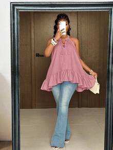 Maweii Plus Size French Hot Girl V-Neck Asymmetrical Ruffle Halter Neck Tie Shirt - Dusty Pink - View 3