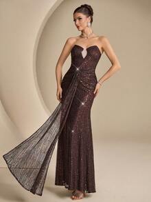 Coutiva Women's Elegant Sequin Pleated Mermaid Formal Evening Gown,Heavily Embellished Strapless Bodycon Party Dress,Luxury High-End Wedding Graduation Dress - Brown - View 6