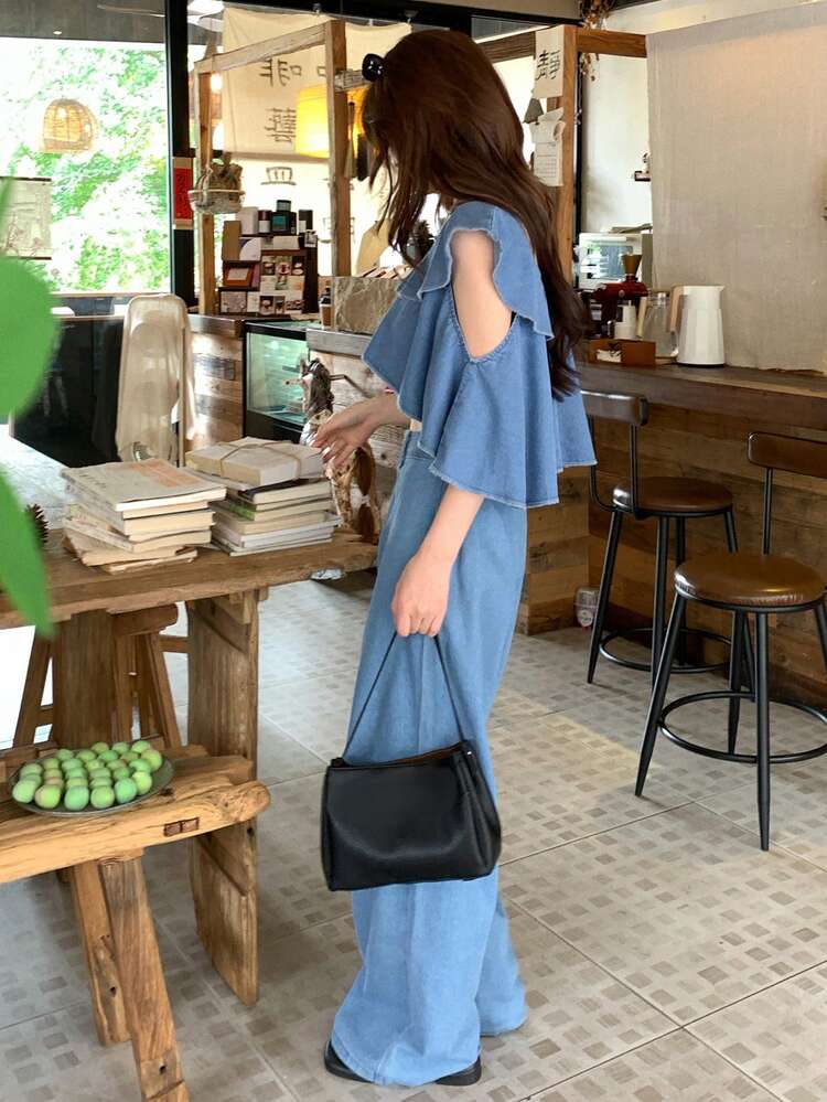 Women's Fashion Sweet Multilayer Ruffle Hem Cropped Top And Casual Straight Leg Jeans Set, Spring/Summer