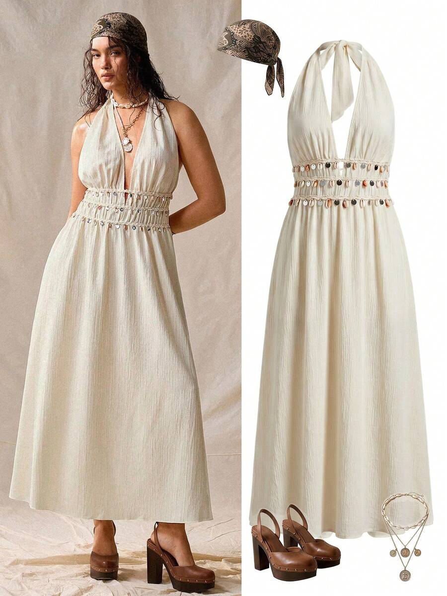 Nubod Plus Size Woven Fabric Deep V-Neck Waist Multilayer Sequin Belt Decor A-Line Maxi Slip Dress, Elegant Boho For Outing, Date Beach, Party All White - Apricot - View 1