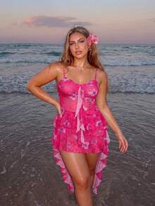 SHEIN ICON Plus Size Black V-Neck Ruffle Trim Front Short Back Long Cami Dress, Y2K Sexy Ruffle Cami Dress - Hot Pink - View 2