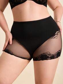 Hourtrue 1条装女士高腰加大码内裤 0XL-4XL，柔软舒适弹力面料，优雅蕾丝拼接设计，透气支撑，多条装日常穿着内衣 - 黑色 - 查看 5