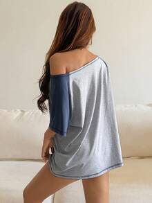 DAZY Women's Summer Casual Color Block Patchwork Letter Print Asymmetric Collar T-Shirt Oversized - Grey - View 5