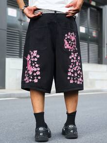 Manfinity EMRG 男士街頭風休閒刺繡黑色牛仔短褲 - 黑色 - 查看 4