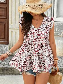 EMERY ROSE Blusa de talla grande tejida con estampado floral, cuello en V, mangas volantes, volantes y patchwork, elegante, para vacaciones, salidas, uso diario, primavera/verano - Rojo - Ver 3