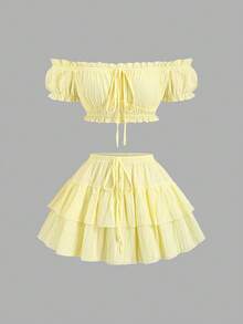 Sweetra Women's New Fashion Versatile Light Yellow Off-Shoulder Drawstring Lace Trim Elastic Waist Short Sleeve Cropped Top + Elastic Drawstring Multi-Layer Ruffle Mini Skirt, Design-Driven Sexy Hot Girl Style 2-Piece Set - Light Yellow - View 1