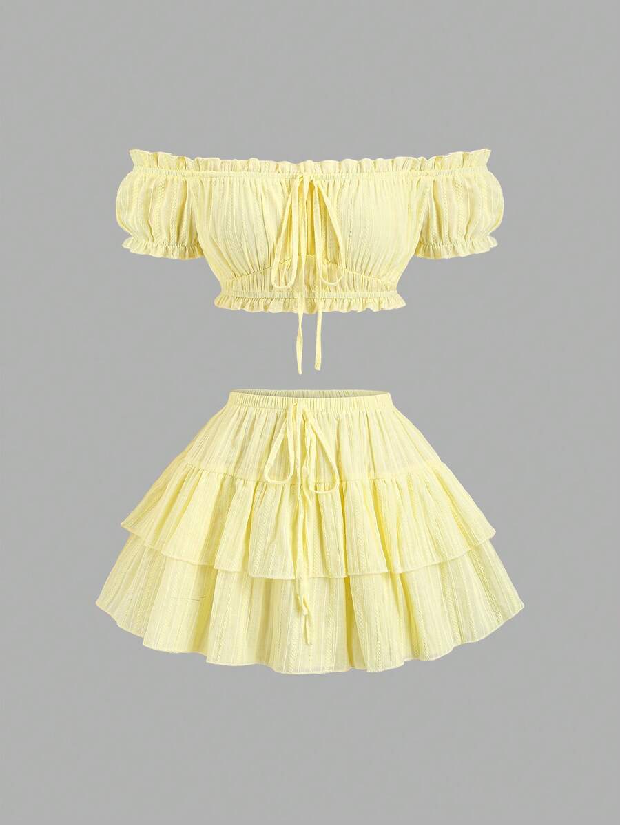 Sweetra Women's New Fashion Versatile Light Yellow Off-Shoulder Drawstring Lace Trim Elastic Waist Short Sleeve Cropped Top + Elastic Drawstring Multi-Layer Ruffle Mini Skirt, Design-Driven Sexy Hot Girl Style 2-Piece Set - Light Yellow - View 1