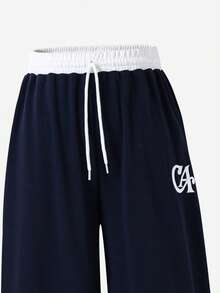 Casuvi Kids 青少年女孩休閒運動套裝，配色拼接 Polo 領小刺繡百褶腰短袖上衣，搭配寬腿垂墜長褲 - 藏蓝色 - 查看 5