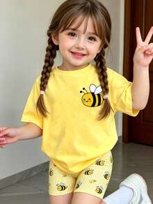 Baby Girl Pastel Yellow Summer Casual Cute Cartoon Bee Print T-Shirt & Bike Shorts Set,Soft Flower Pattern Athleisure Wear For Daily Work Home - Multicolor - View 1
