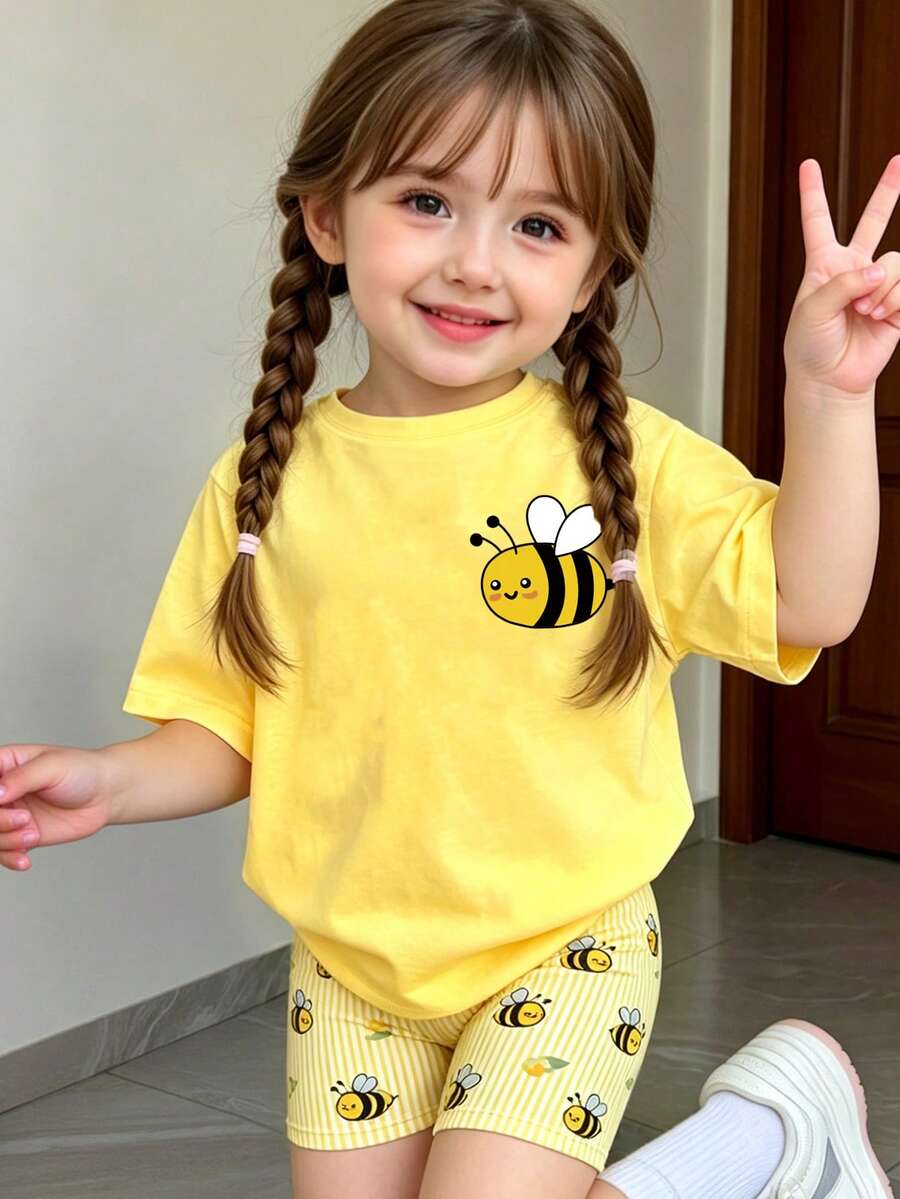 Baby Girl Pastel Yellow Summer Casual Cute Cartoon Bee Print T-Shirt & Bike Shorts Set,Soft Flower Pattern Athleisure Wear For Daily Work Home - Multicolor - View 1