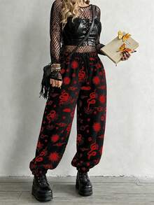 Whyspr Plus Size Dark Style Patchwork Print Loose Pants Fall - Black - View 1