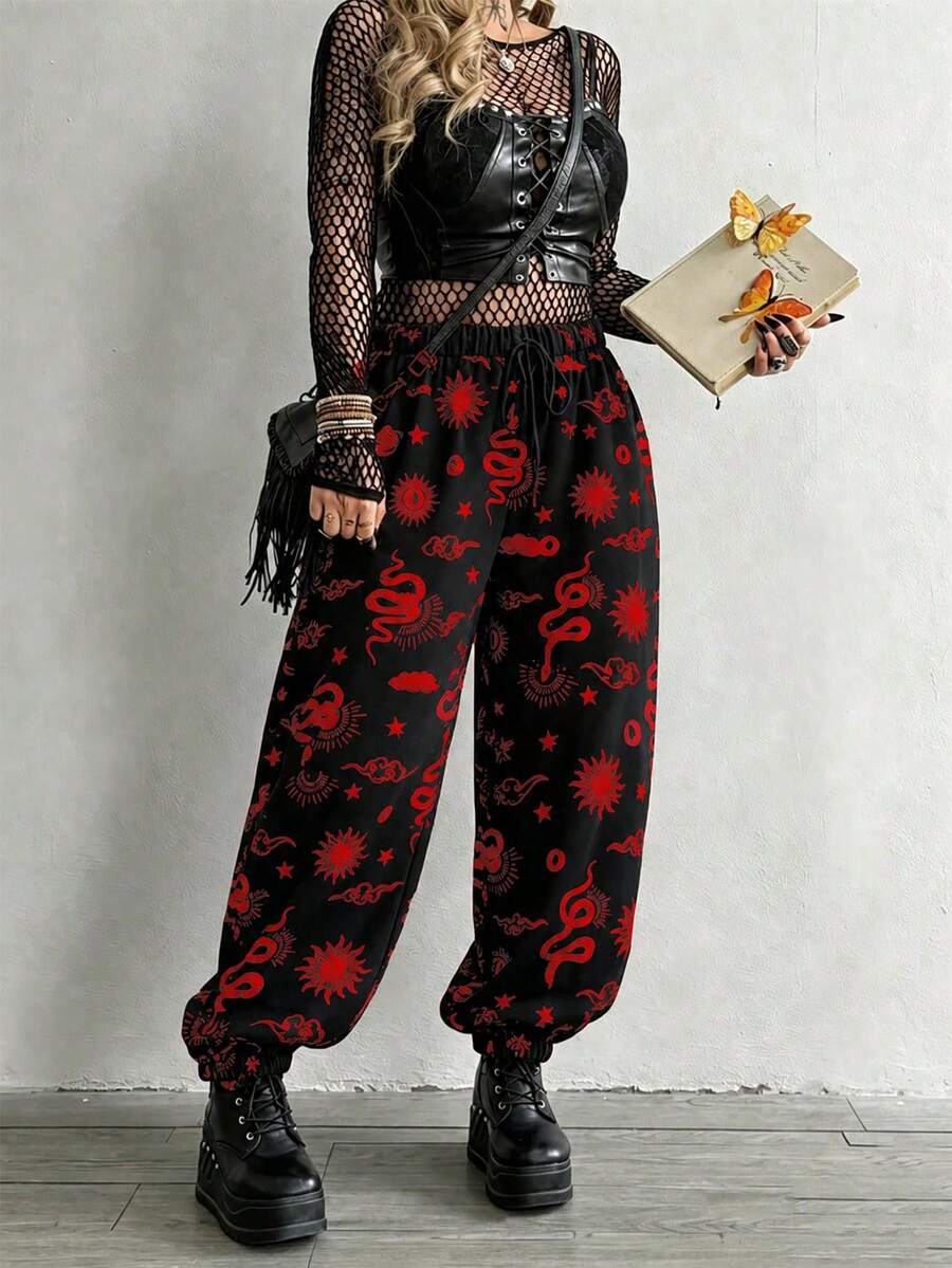 Whyspr Plus Size Dark Style Patchwork Print Loose Pants Fall - Black - View 1
