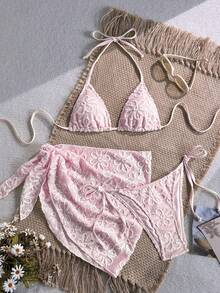 Swim Mod Women's Sweet Sexy Tropical Pink Halter Triangle Top Skirt Bikini Set For Spring/Summer Beach Party Vacation - Pink - View 3