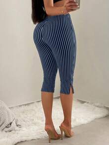 SHEIN SXY 女款條紋休閒百搭日常出遊緊身內搭褲 - 藏蓝色 - 查看 2