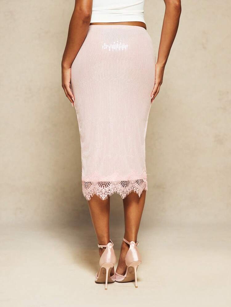 MISSGUIDED X Carli Bybel Gonna a Matita Midi Aderente Rosa Chiaro con Paillettes, Dettaglio in Pizzo Delicato sull'Orlo e Finitura Scintillante per Occasioni di Feste Serali