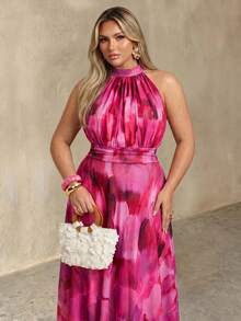 Auralis Plus Size Spring/Summer Sleeveless Mock Neck Brush Art Pastel Pink Print Mesh Ruched Multi-Layer Hem Backless Midi Dress For Women 70's Evening - Hot Pink - View 2