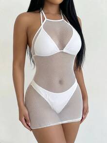 Swim SXY 女款掛脖純色時尚遮陽罩衫，白色夏季熱帶性感沙灘俱樂部派對款 - 白色 - 查看 5