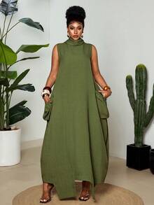 Maweii Plus Size Women's New Green Ruched Neckline Sleeveless Dress, Loose Fit, Draping Fabric, Long Asymmetric Hem, Pocket Design, Casual Dress, Daily Wear Vibe, Slouchy Elegant, Summer Loose Slimming Draping Elegant Long Sleeveless Casual Dress - Green - View 3