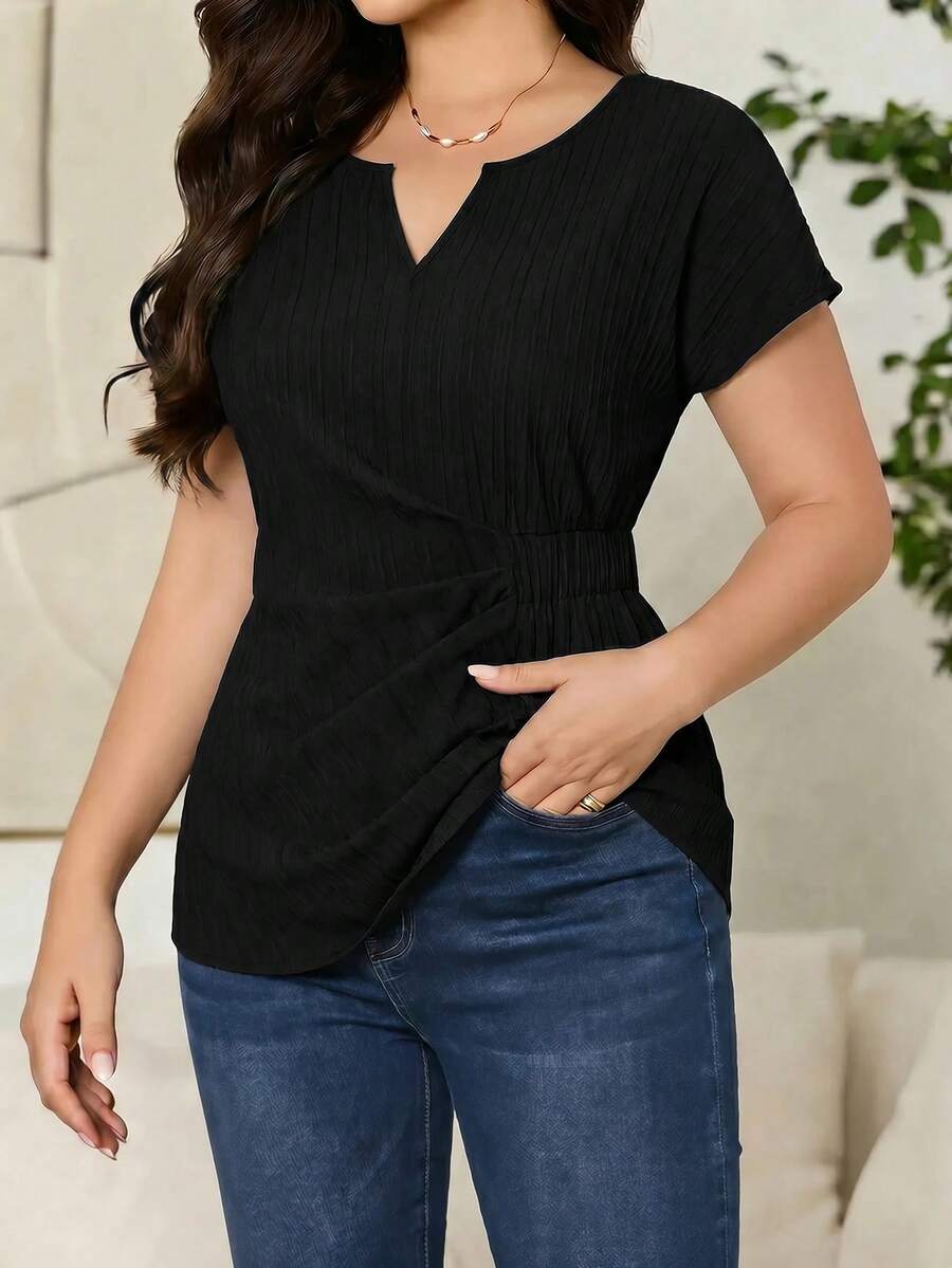 SHEIN Clasi 女款夏季休閒素色收腰襯衫 - 黑色 - 查看 1