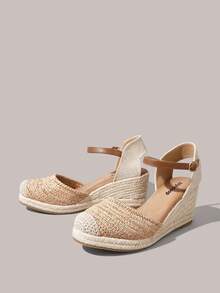 Styleloop Retro Casual Style Woven Wedge Sandals; Buckle Strap Daily Versatile Comfortable Sandals - Camel - View 2