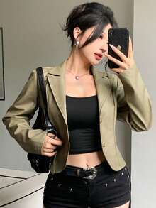 DAZY 秋季休閒街頭戶外收腰綠色PU皮革夾克西裝外套風格優雅辣妹音樂節女款外套 - 墨綠色 - 查看 8