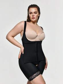 SHAPORA Combinaison pour femmes grandes tailles de couleur unie, style minimaliste avec patchwork en dentelle - Noir - Voir 6