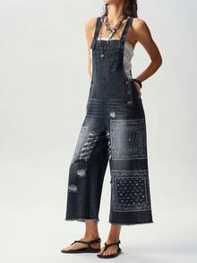 Bohemela Casual Woven Denim Printed Women's Jumpsuit - Black and White - View 3