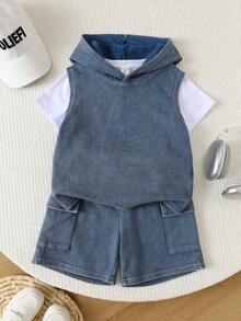 SHEIN Young Boy' New Casual Minimalist College Style Vacation Striped Shirt & Shorts 2-Piece Set, Suitable For Summer, Street Style, Daily Wear, Outings, Vacation, Spring & Summer Fashion, Summer Outfits Easy Comfort, Layers For Kids, Stylish Kids, Casual Wear, Kids' Sports College Digital Graphic T-Shirts, Back To School, Spring & Summer Clothes, Homecoming - Multicolor - View 4