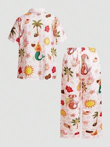 Chillnights Vacation Mermaid Coconut Tree Sun Heart Plaid Print Casual Lapel Plus Size Short Sleeve Pajama Long Pants Set - Multicolor - View 2