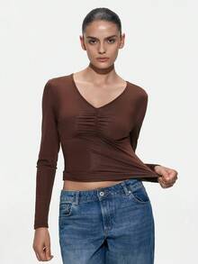 SHAPORA Pijama superior de mujer de unicolor con cuello en V, manga larga y fruncido - Café integral - Ver 3