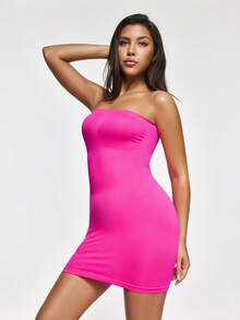 SHAPORA Women's Solid Color Casual Bandeau Bodycon Dress - Hot Pink - View 4