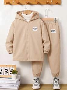 SHEIN 2件組兒童青少年藍色外套與棕色保暖毛絨內搭褲編織套裝，適合通勤、上學、日常休閒、度假旅行、運動，適用冬季與新年出遊 - 卡其色 - 查看 3