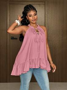 Maweii Plus Size French Hot Girl V-Neck Asymmetrical Ruffle Halter Neck Tie Shirt - Dusty Pink - View 5