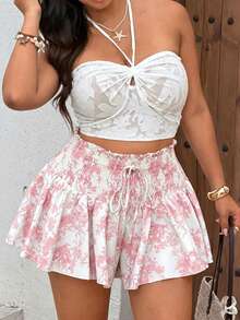 Sunnyshic Plus Size French Vintage Print Shorts, Shirred, Lace-Up, Ruffle, Elastic Waist Concealing Shorts, Blue Porcelain White Ruched Ruffle Mini Pants, High Waist Patchwork Shirred Pants, Suitable For Summer Vacation And Beach Trips, Travel Photography, Dates - Multicolor - View 3