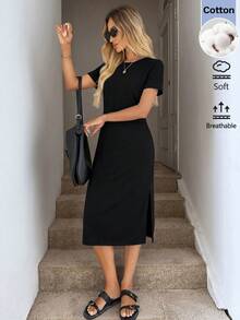 SHEIN LUNE فستان ميدي نسائي كاجوال صيفي للعطلات والتنقل اليومي والأساسيات العصرية والخروجات، بلون موحد مع تصميم مشقوق وأكمام قصيرة - الأسود - مشاهدة 2