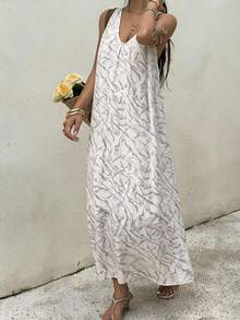 Livesso Vacation Holiday Outfit Summer V-Neck Sleeveless Backless Tie-Dye Texture Loose White Women's Dress Beach Boho - White - View 3