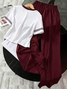 SHEIN Setelan Satu Potong, Lengan Pendek, Kasual, Motif Offset, Musim Semi dan Musim Panas, Setelan Komuter Musim Panas untuk Remaja Putri, Celana Panjang Lurus yang Sportif dan Kasual, Setelan Dua Potong Lengan Pendek yang Ringan dan Nyaman. - Burgundy - View 2