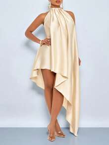 SOLERSUN Plus Size Women's Dress With Pleated Details And Asymmetric Diagonal Hem, Perfect For Dates, Festivals And Parties. - Apricot - View 4