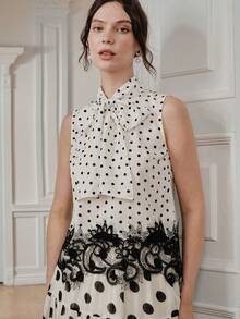 Anewsta Spring/Summer High-Quality Women's Clothing Vintage Elegant White Polka Dot Sleeveless Top With Stand Collar Tie-Up Lace Trim Slimming Tea Party Top - White - View 6