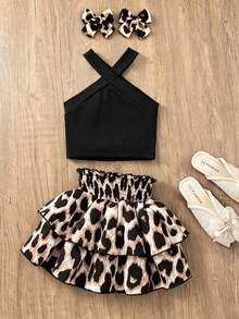 SHEIN Elladie kids 2件組少女度假風黑色掛脖無袖背心上衣與豹紋彈性腰花卉荷葉層次裙套裝 - 黑色 - 查看 3