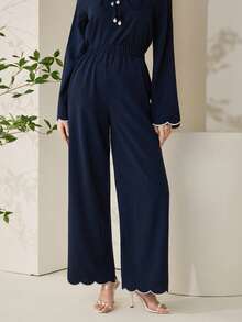 Veilorie Bottom Only(Without Top)Conservative Casual Wave Hem Embroidered Women Pants - Navy Blue - View 6